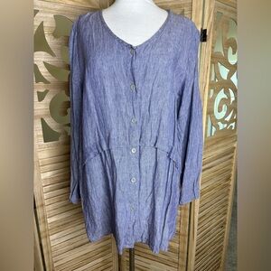 FLAX Linen Top Long Blue Folded Waist Seam Button Up Shirt Blouse Size Medium